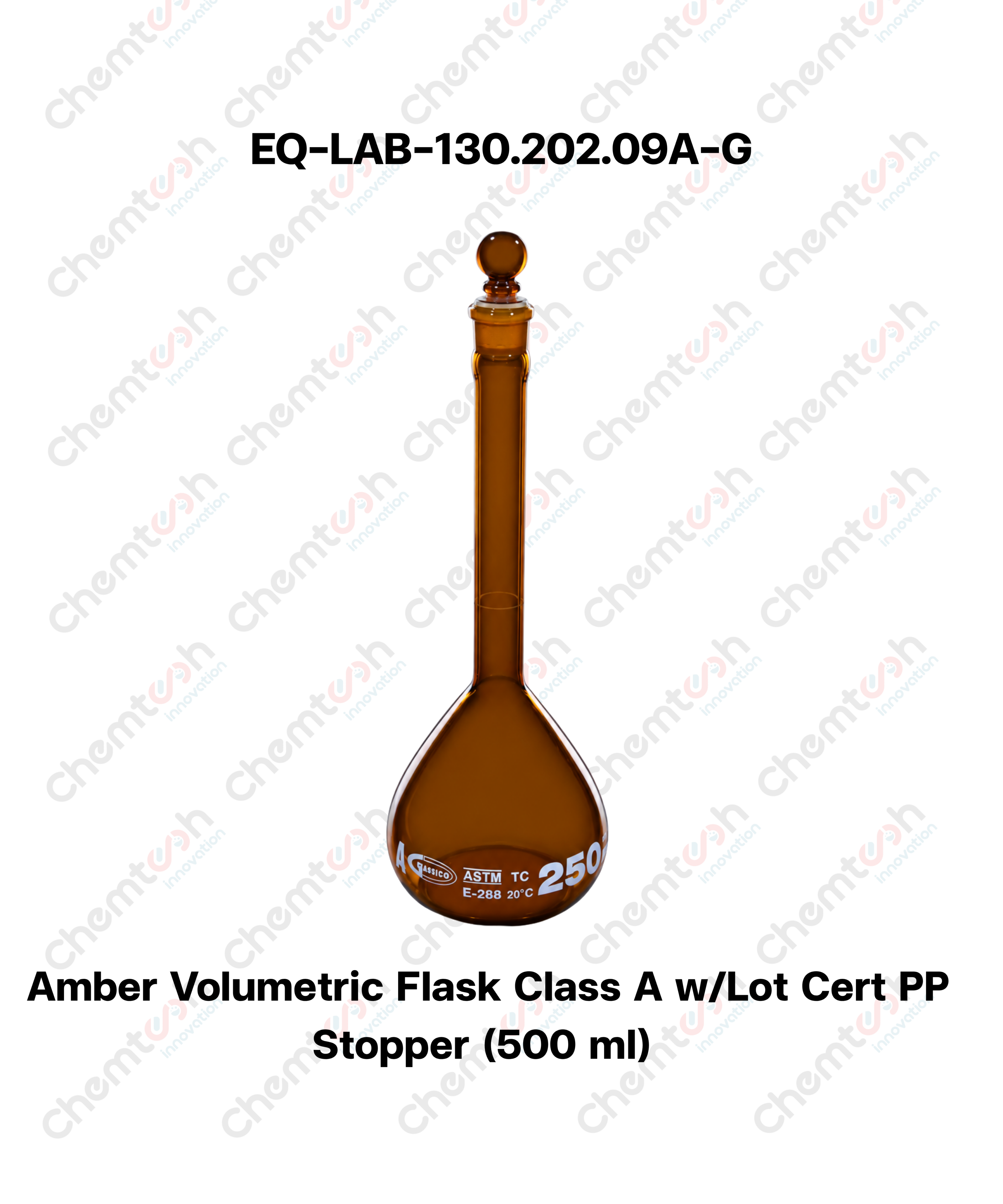 Amber Volumetric Flask Class A w/Lot Cert PP Stopper (500 mL)